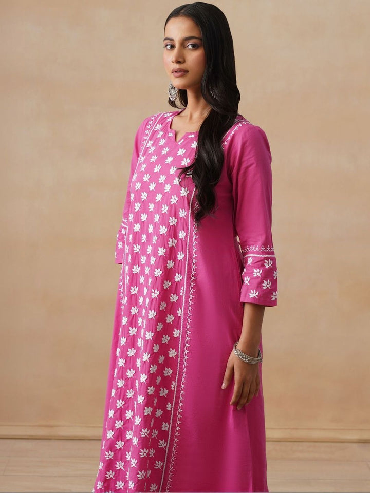 House of Chikankari Women Solid Fuchsia Cotton A-Line Kurta
