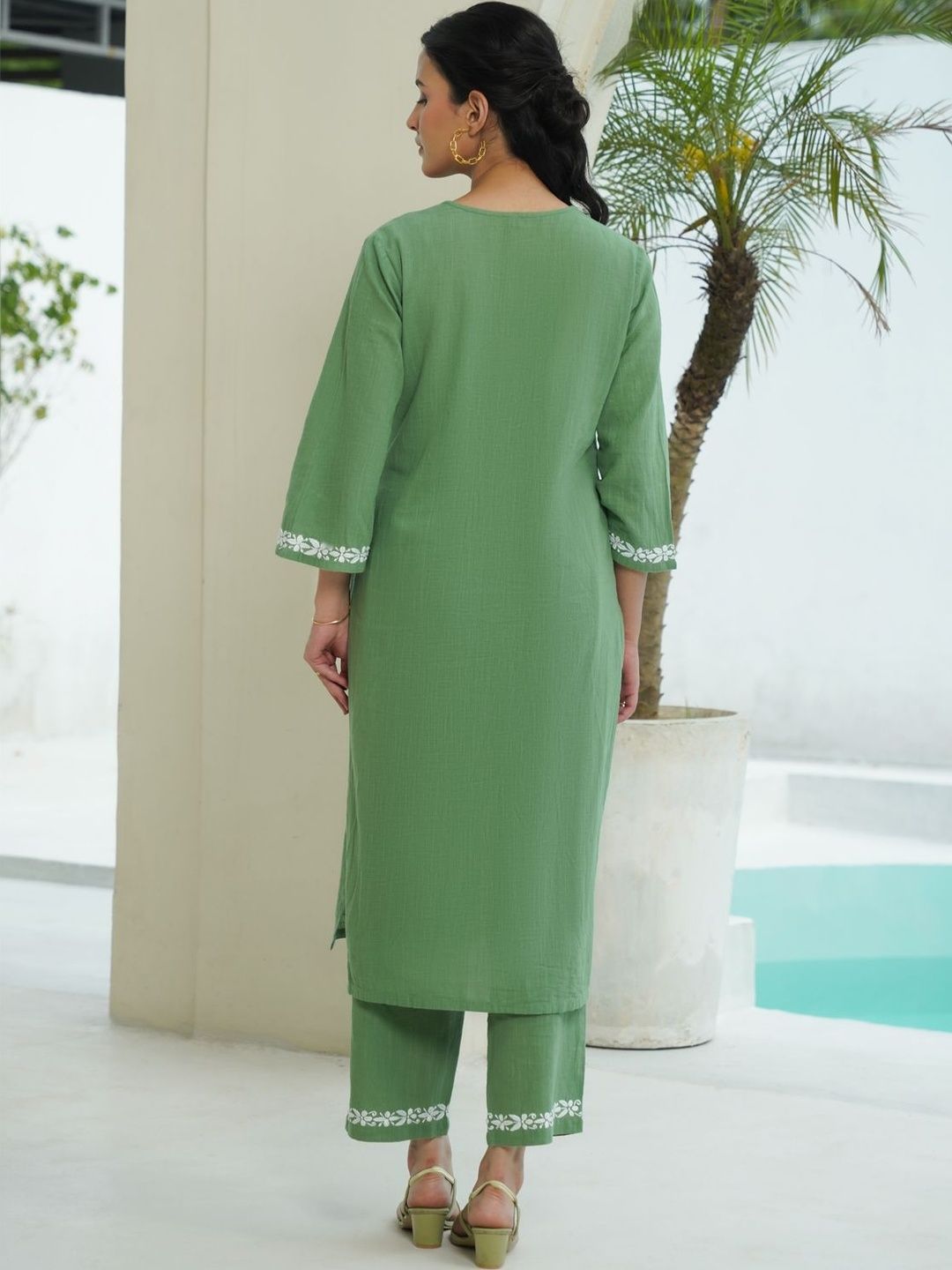 House of Chikankari Wanita 2 Keping Kurta Kapas Tulen Biasa dengan Set Seluar