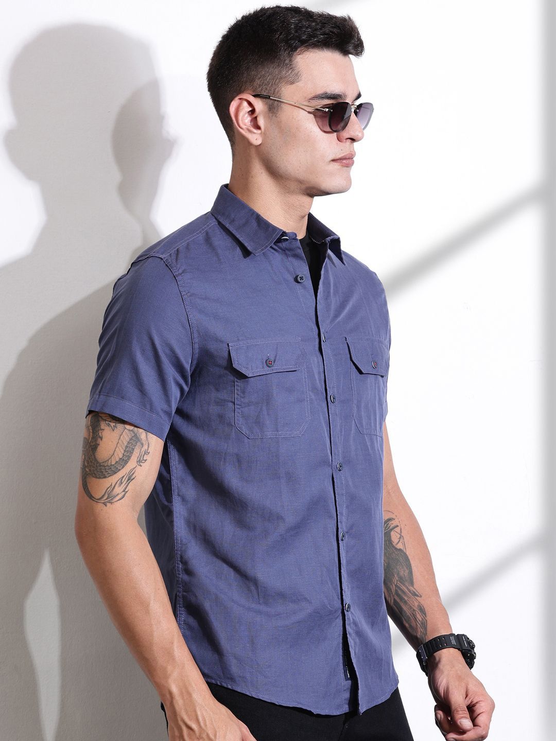 Thomas Scott Men Classic Slim Fit Spread Collar Solid Linen Casual Shirt
