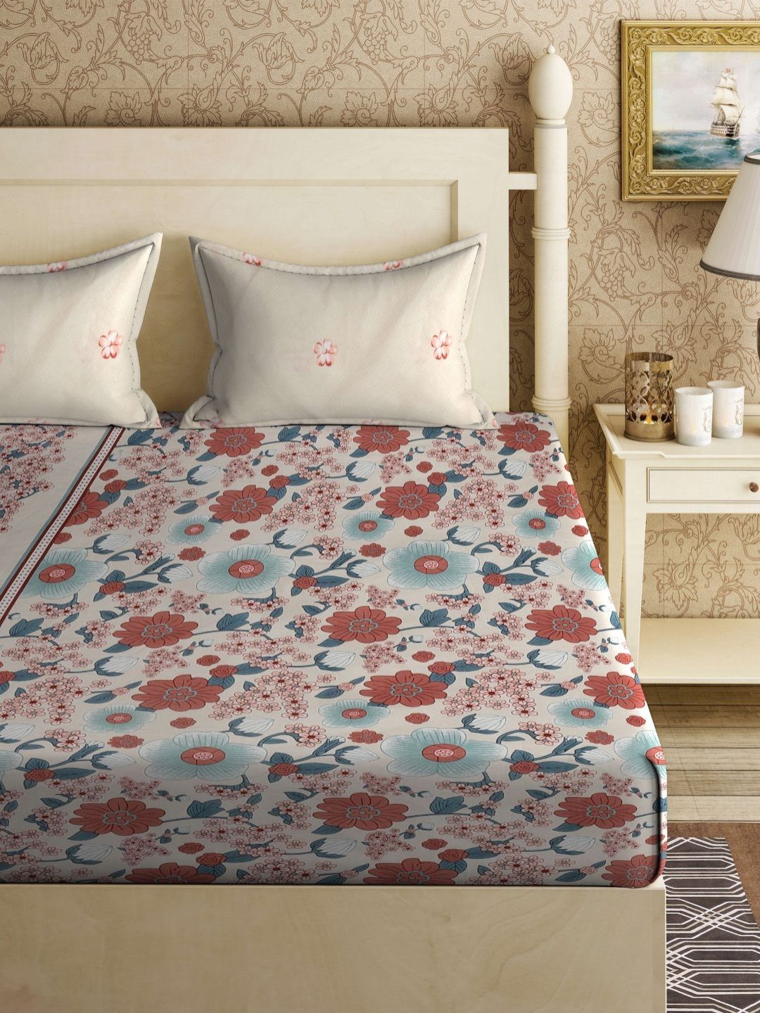 Aura Rust & Cream Floral Printed Flat 300 TC King Bedsheet Dengan 2 Sarung Bantal