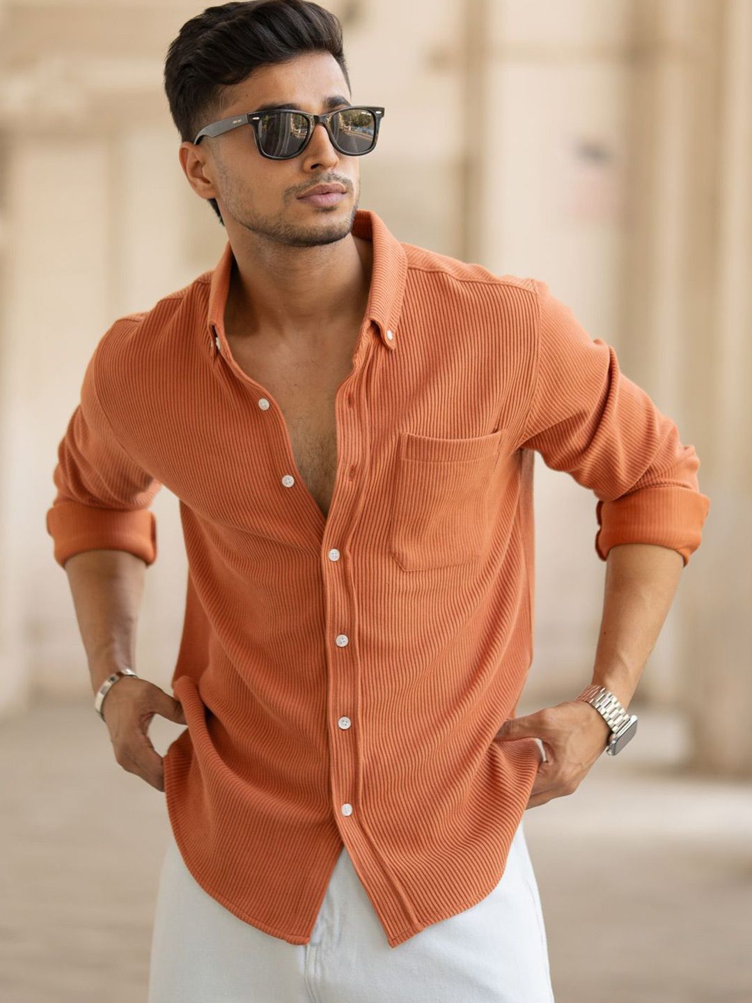 Powerlook Men Spread Collar Relaxed Fit Textured Cotton Casual Shirt