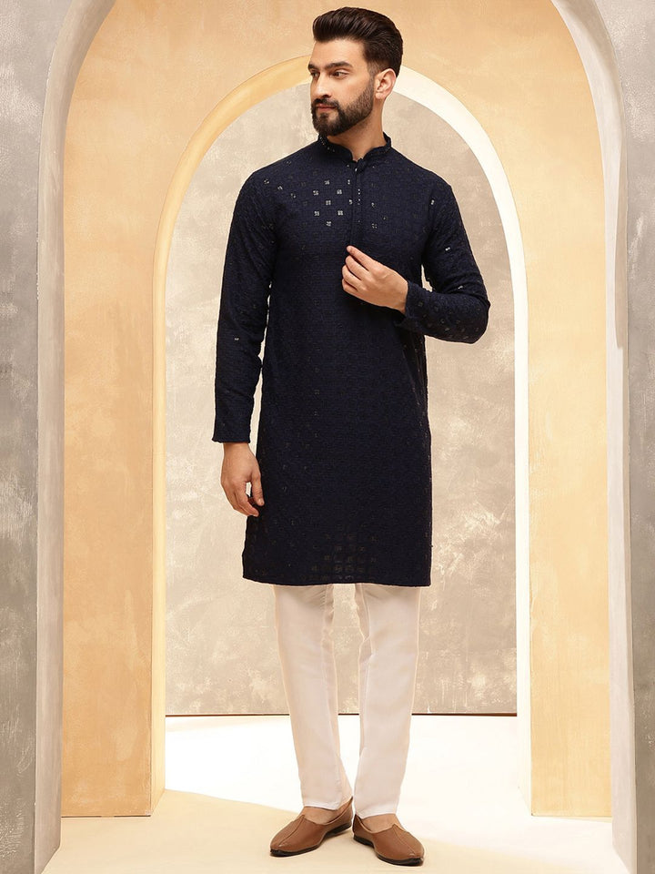 Anouk Navy Blue Geometric Embroidered Sequinned Pure Cotton Straight Kurta With Pyjamas