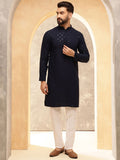 Anouk Navy Blue Geometric Embroidered Sequinned Pure Cotton Straight Kurta With Pyjamas