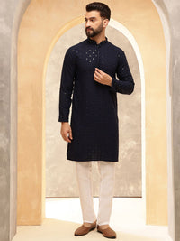 Anouk Navy Blue Geometric Embroidered Sequinned Pure Cotton Straight Kurta With Pyjamas