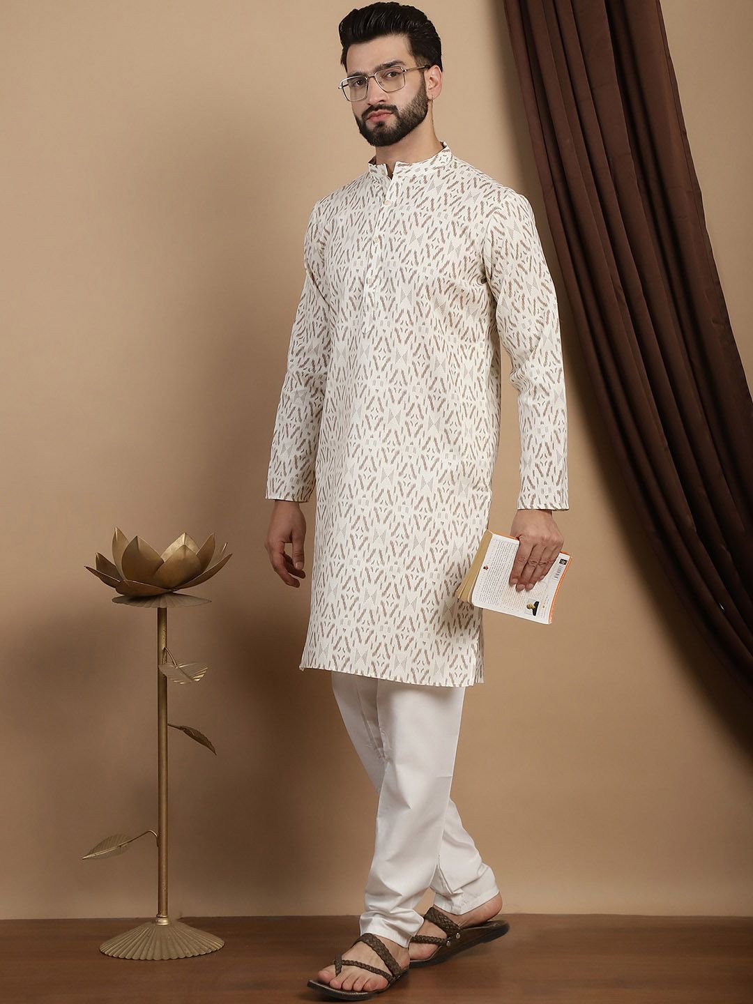 Anouk Geometric Printed Mandarin Collar Regular Pure Cotton Straight Kurta With Churidar