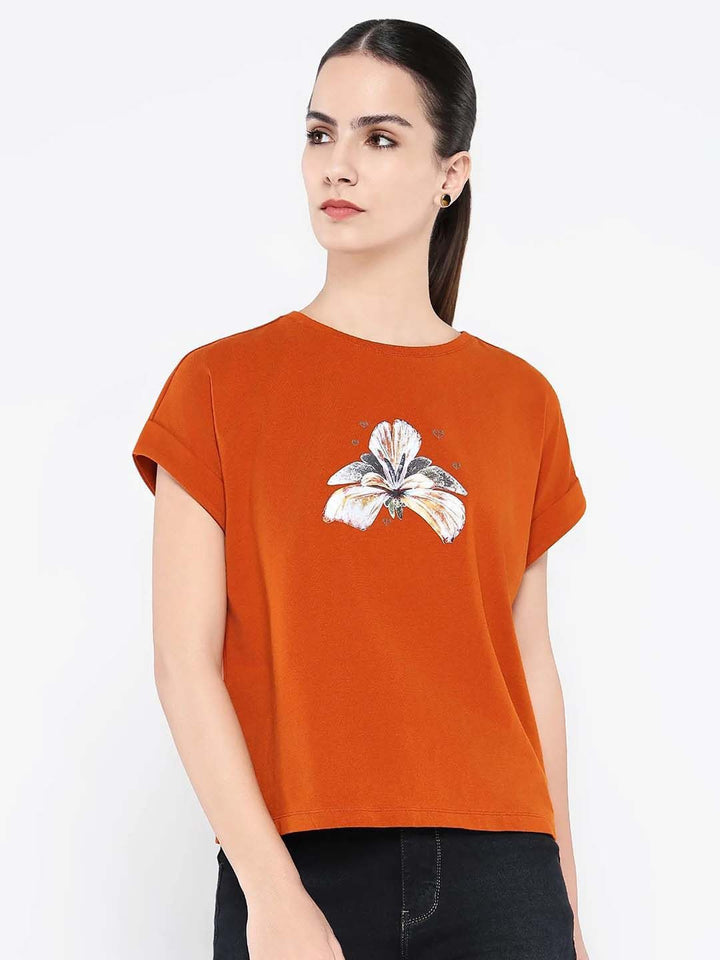 Rareism Wanita Grafik Bercetak Kapas Leher Pusingan T-shirt Santai