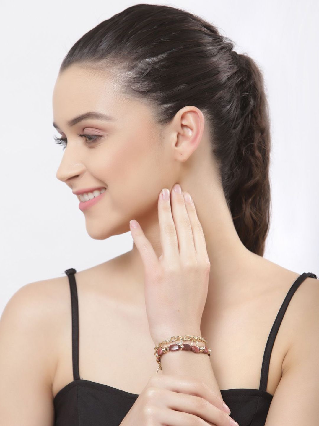 DressBerry Wanita Brass Cubic Zirconia Gelang Pesona Saduran Emas