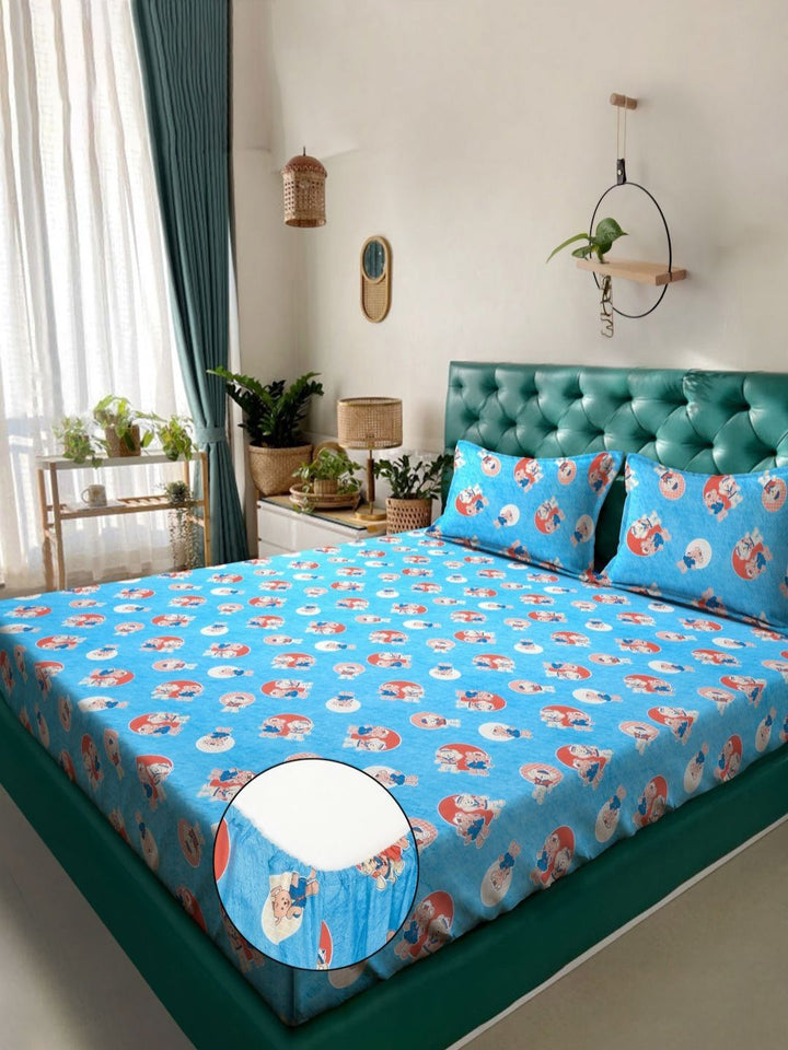 KLOTTHE Blue Cartoon Printed Fitted 400 TC Cotton King Bedsheet & 2 Pillow Covers