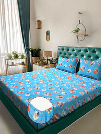 KLOTTHE Blue Cartoon Printed Fitted 400 TC Cotton King Bedsheet & 2 Pillow Covers