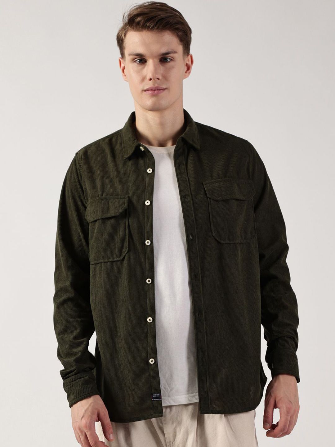 Thomas Scott Men Premium Spread Collar Solid Slim Fit Corduroy Casual Shirt