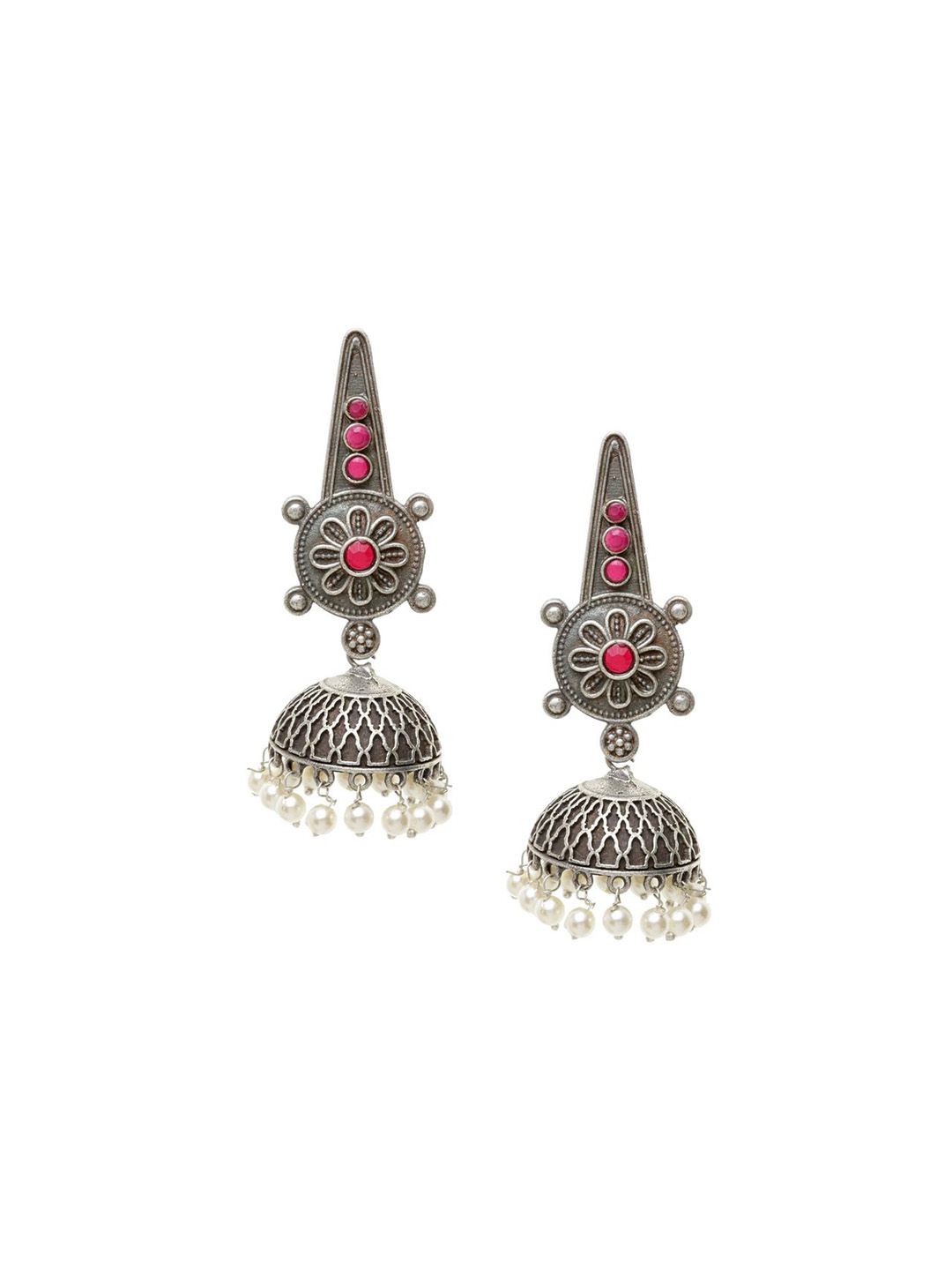Anouk Silver-Plated Artificial Stones Studded & Beaded Dome Shaped Jhumkas