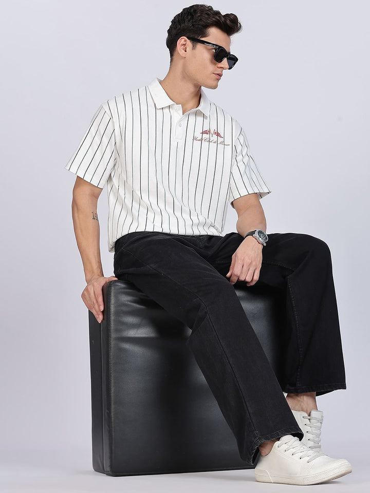 Eszett Greek Yacht White Polo Striped Cotton Collar Drop-Shoulder Sleeves Oversized Fit T-shirt