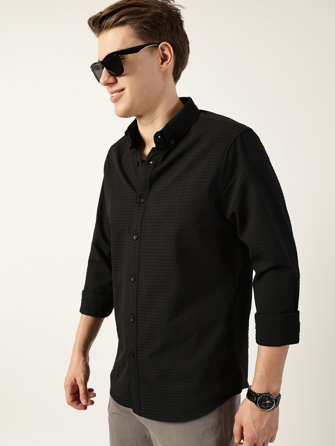 Thomas Scott Men Smart Button-Down Collar Textured Solid Slim Fit Casual Shirt