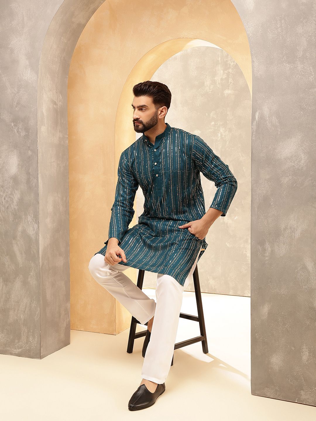 Anouk Blue Striped Embroidered Sequinned Mandarin Collar Pure Cotton Kurta With Pyjama