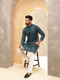 Anouk Blue Striped Embroidered Sequinned Mandarin Collar Pure Cotton Kurta With Pyjama