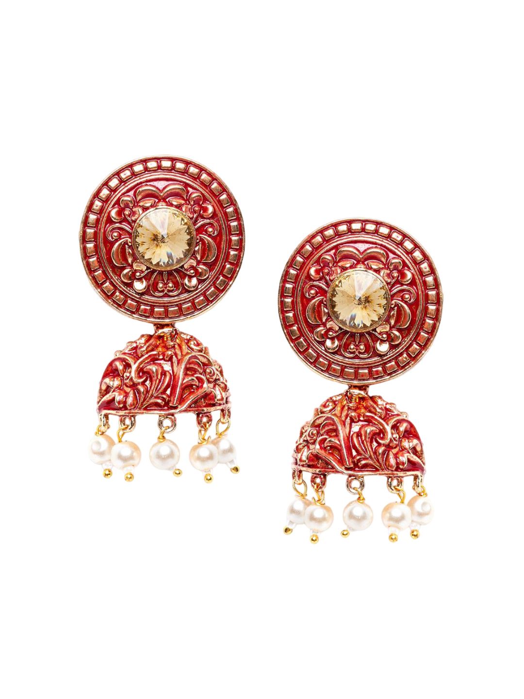 Anouk Gold-Plated Stone Studded & Beaded Dome Shaped Drop Earrings