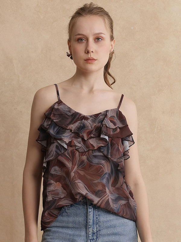 Rareism Women Abstrak Bercetak Ruffle Butiran Atas