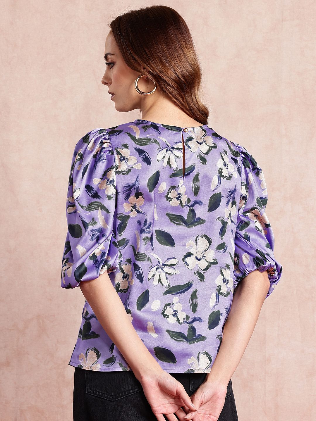 all about you Satin-Finish Floral Print Puff Sleeves Top