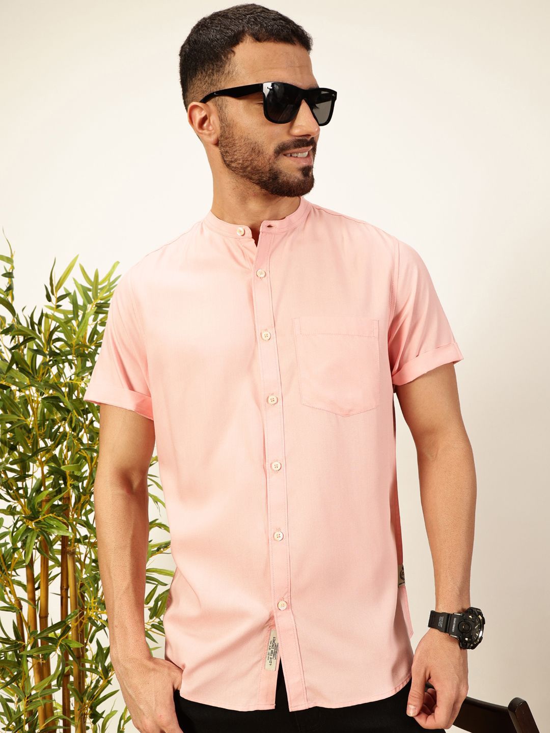 Thomas Scott Men Premium Solid Mandarin Collar Casual Shirt