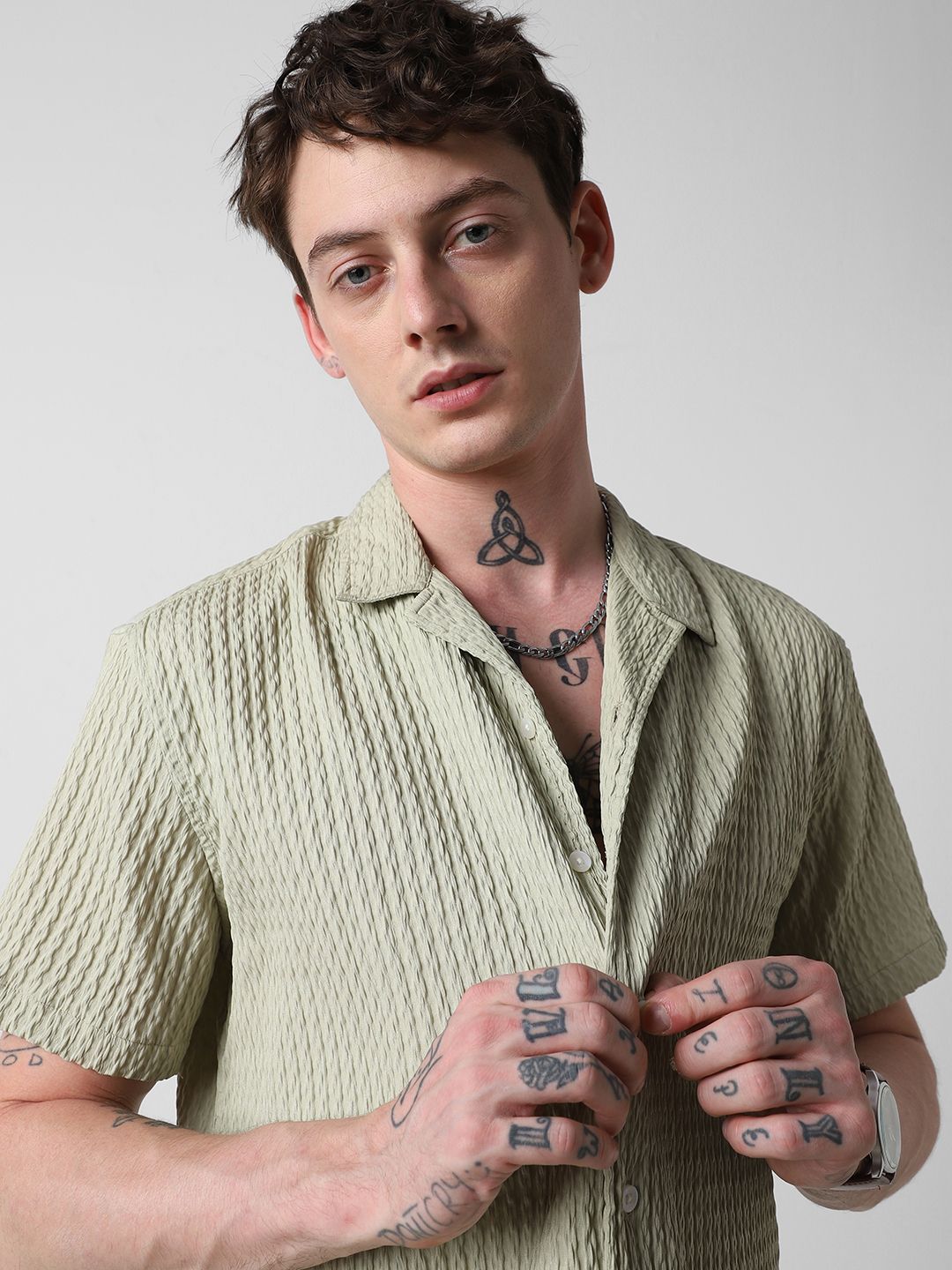 VASTRADO Men Classic Cuban Collar Popcorn Texture Oversized Casual Shirt