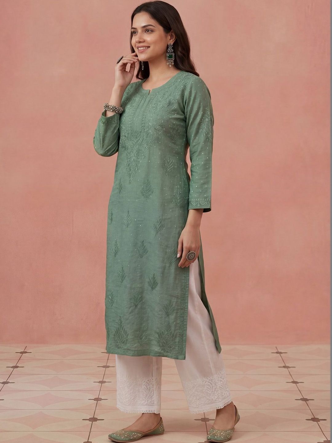House of Chikankari Women Ethnic Motifs Embroidered Thread Work Chanderi Silk Kurta