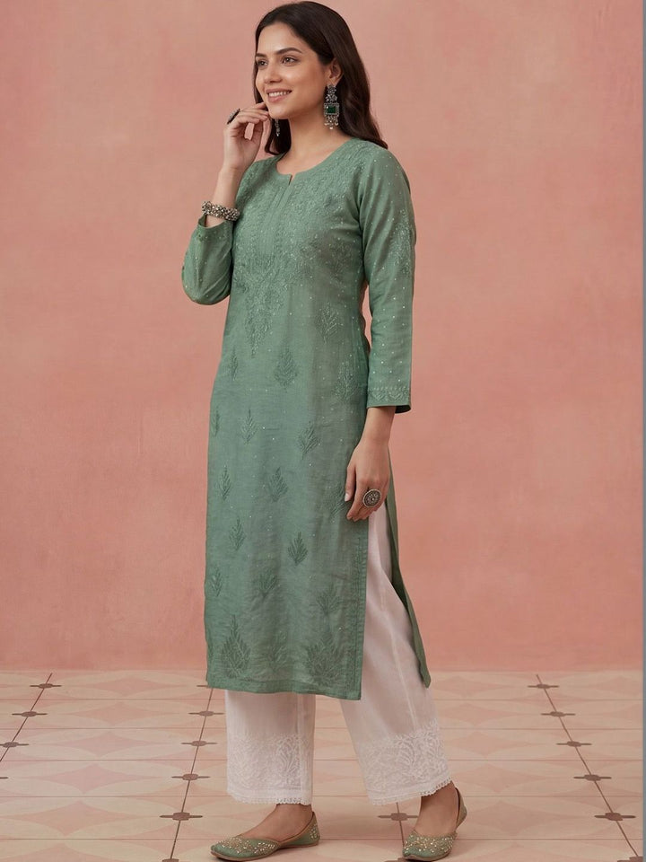 Rumah Wanita Chikankari Motif Etnik Sulam Benang Kerja Kurta Sutera Chanderi