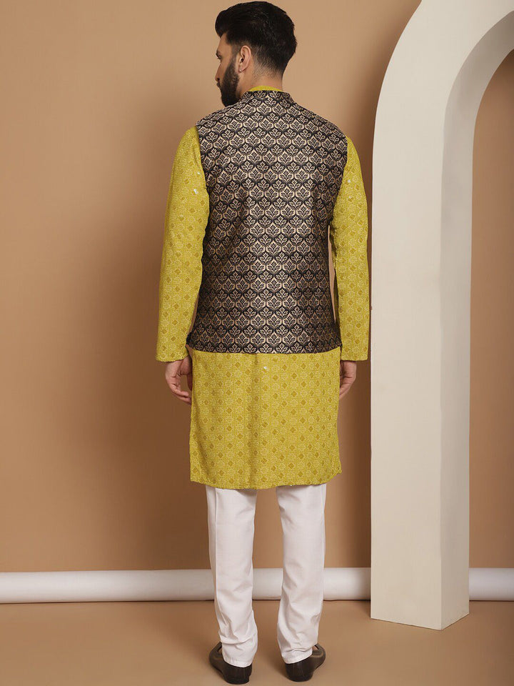 Anouk Green Ethnic Motifs Woven Design Straight Kurta With Churidar & Nehru Jacket