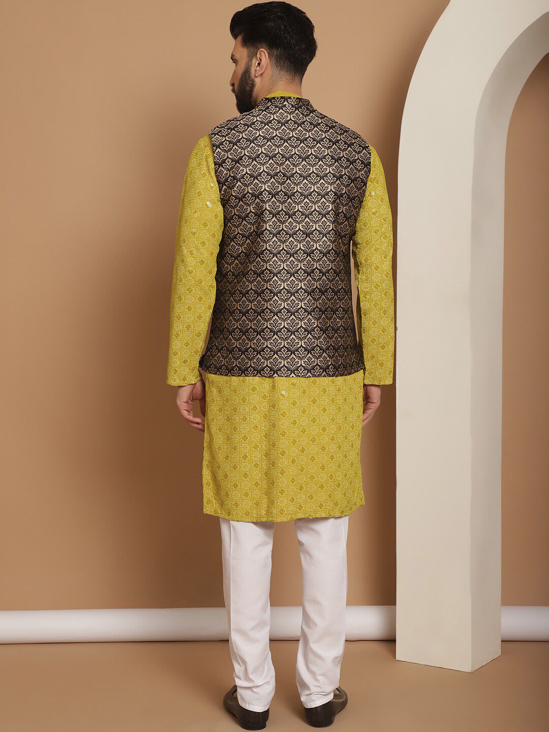 Anouk Green Ethnic Motifs Woven Design Straight Kurta With Churidar & Nehru Jacket