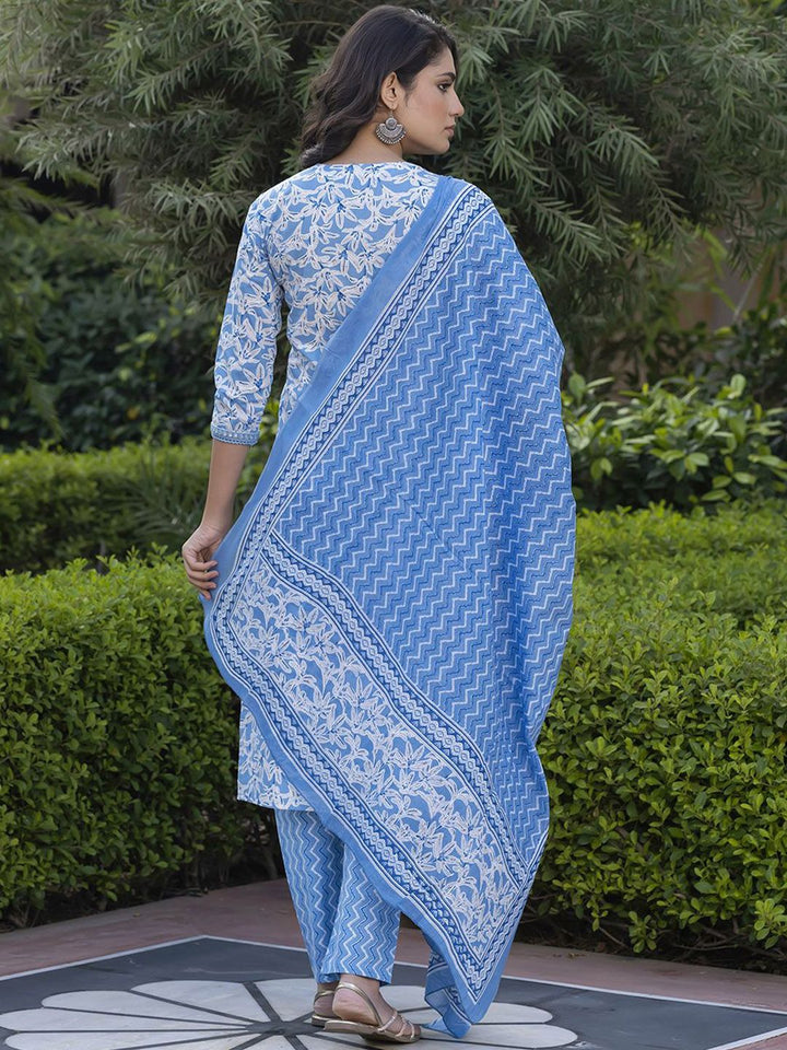KALINI Floral Printed Mirror Work Straight Pure Cotton Kurta With Trousers & Dupatta
