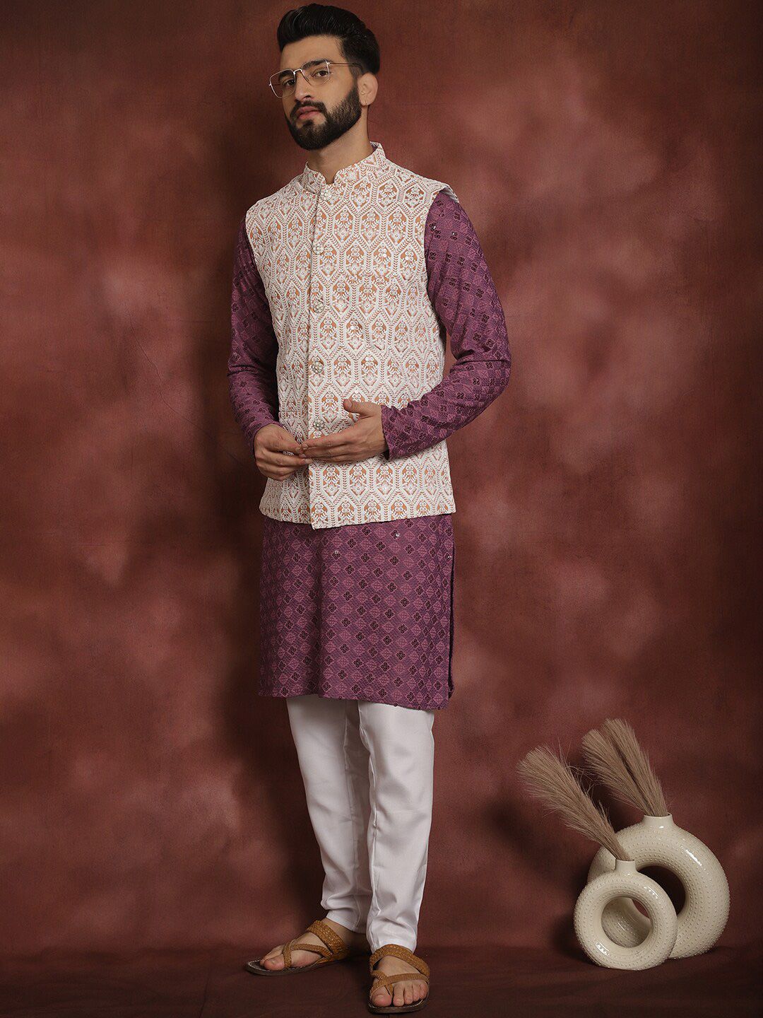 Anouk Embroidered Thread Work Regular Kurta Churidar & Nehru jacket