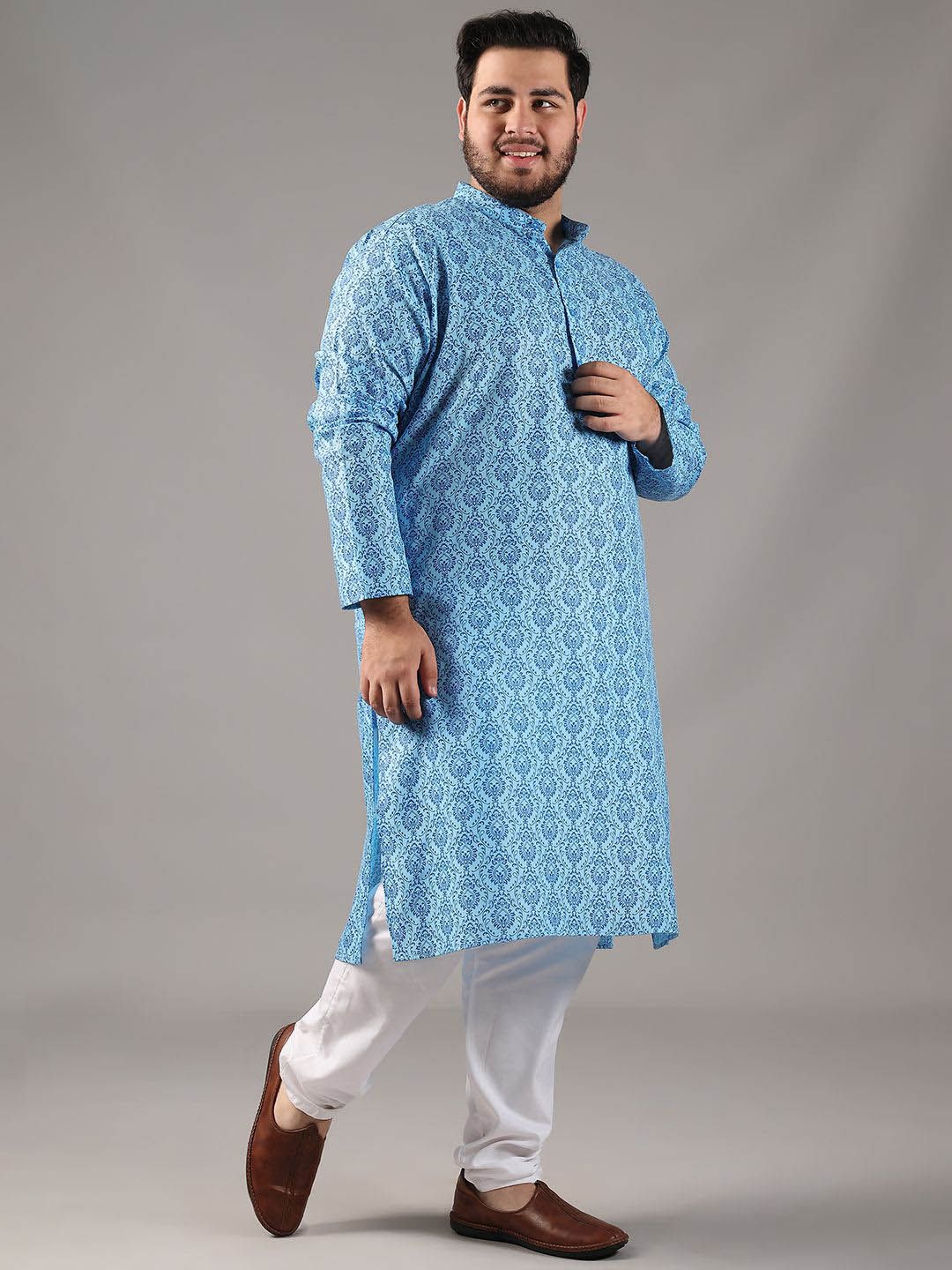 SOJANYA PLUS Plus Size Lelaki Motif Etnik Bercetak Kolar Jalur Kurta Lurus Dengan Piyama