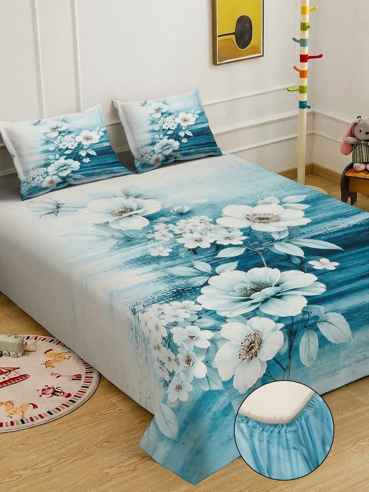 KLOTTHE White & Blue Floral Printed Fitted 300 TC King Fine Bedsheet With 2 Pillow Cover