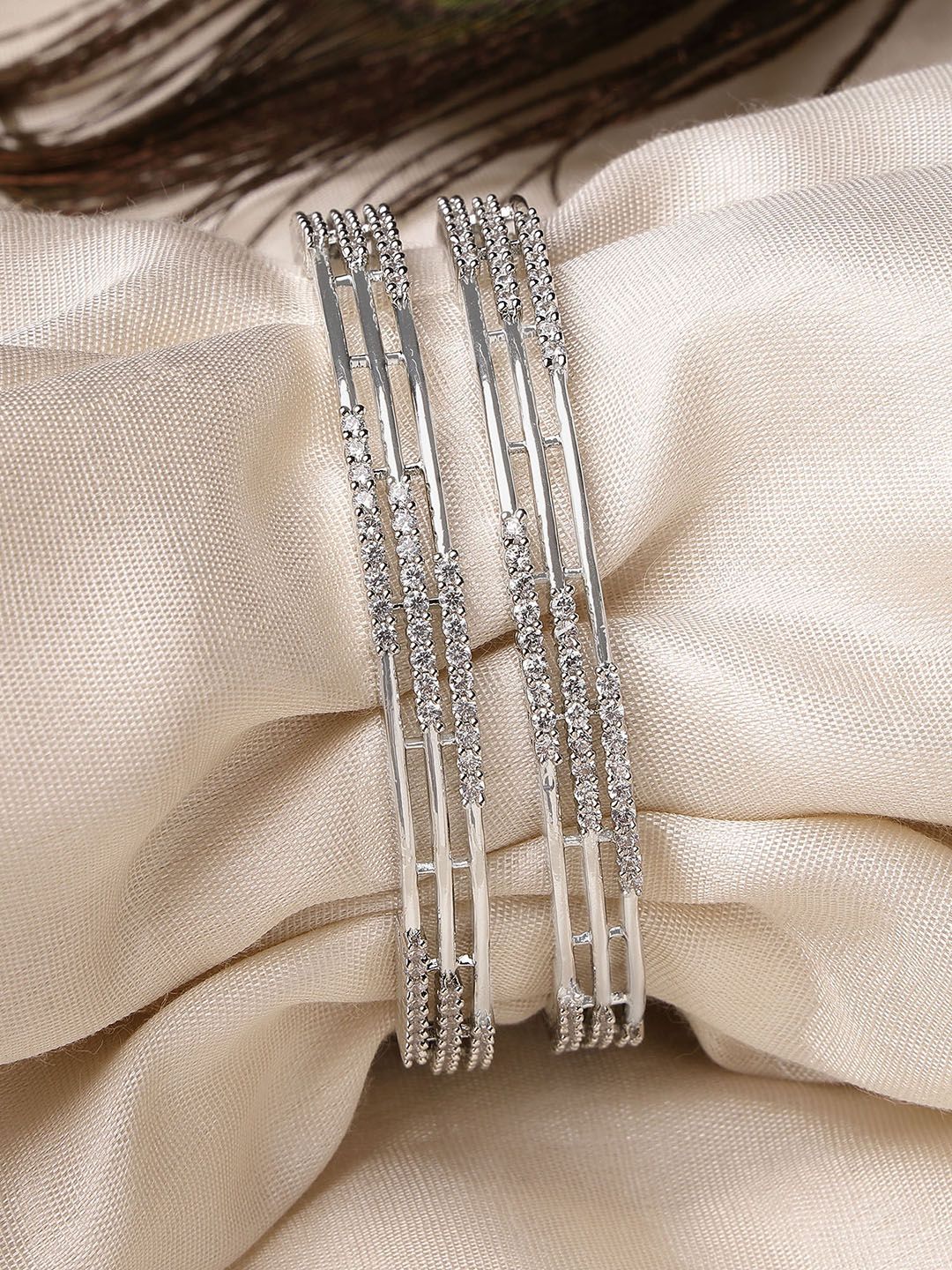 KARATCART Set Of 2 Sliver Plated CZ Studded Bangles