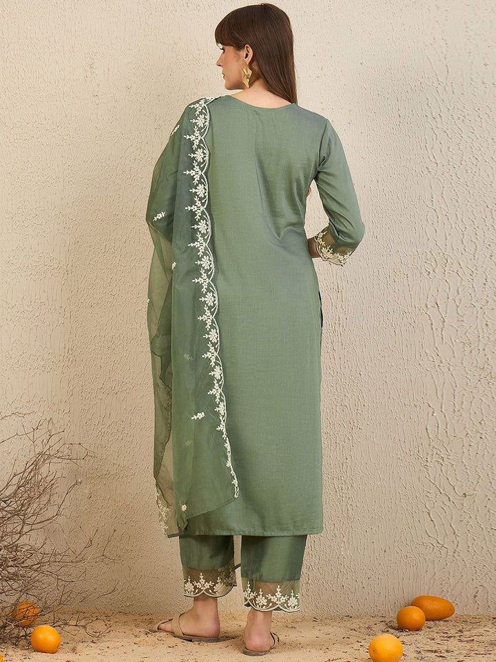 Indo Era Floral Embroidered Straight Kurta With Trousers & Dupatta