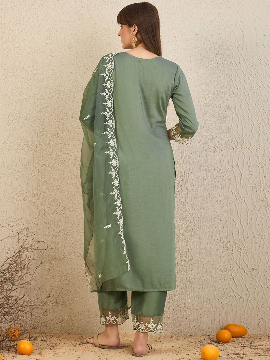Indo Era Floral Embroidered Straight Kurta With Trousers & Dupatta