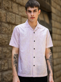 Eszett Abstract Printed Spread Collar Short Sleeves Regular Fit Cotton Linen Casual Shirt