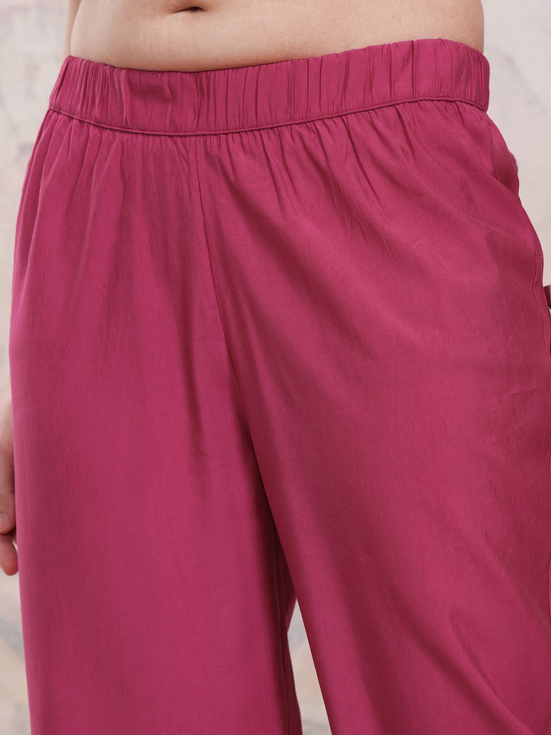 Vishudh Fuchsia Embroidered Shirt Collar Three-Quarter Sleeves Top With Trouser