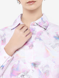 Rareism Women Floral Printed Shirt Collar Cotton Top