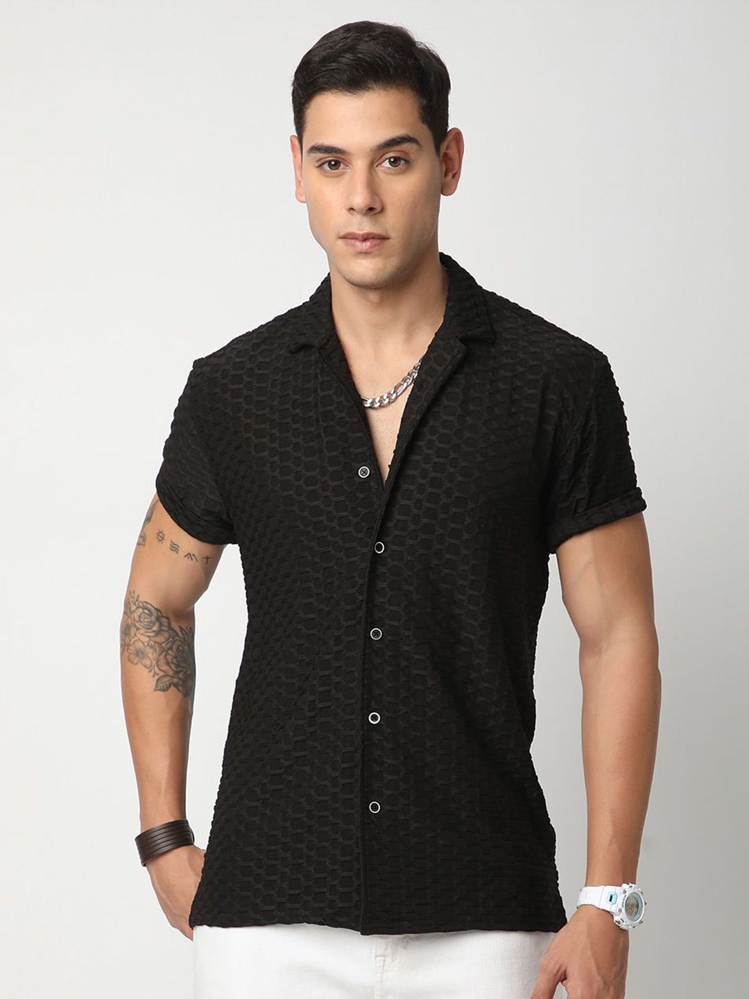 VASTRADO Men Classic Cuban Collar Textured Casual Shirt