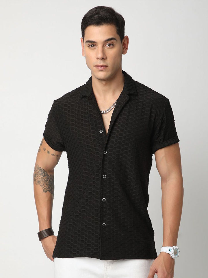 VASTRADO Men Classic Cuban Collar Textured Casual Shirt