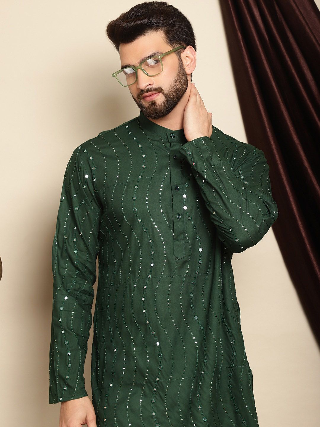 Anouk Green Mandarin Collar Sequinned Pure Cotton Straight Kurta with Pyjamas