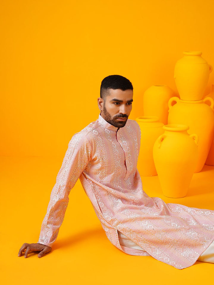 SOJANYA LUXE Motif Etnik Bersulam Kurta Lurus Kolar Mandarin Dengan Seluar