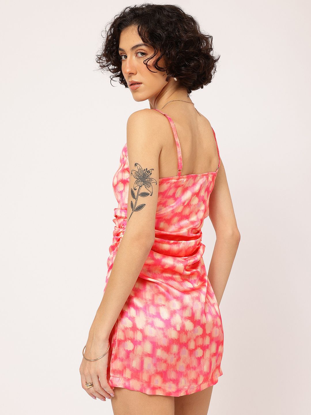 DressBerry Dainty Print Ruched Satin-Finish Mini Dress