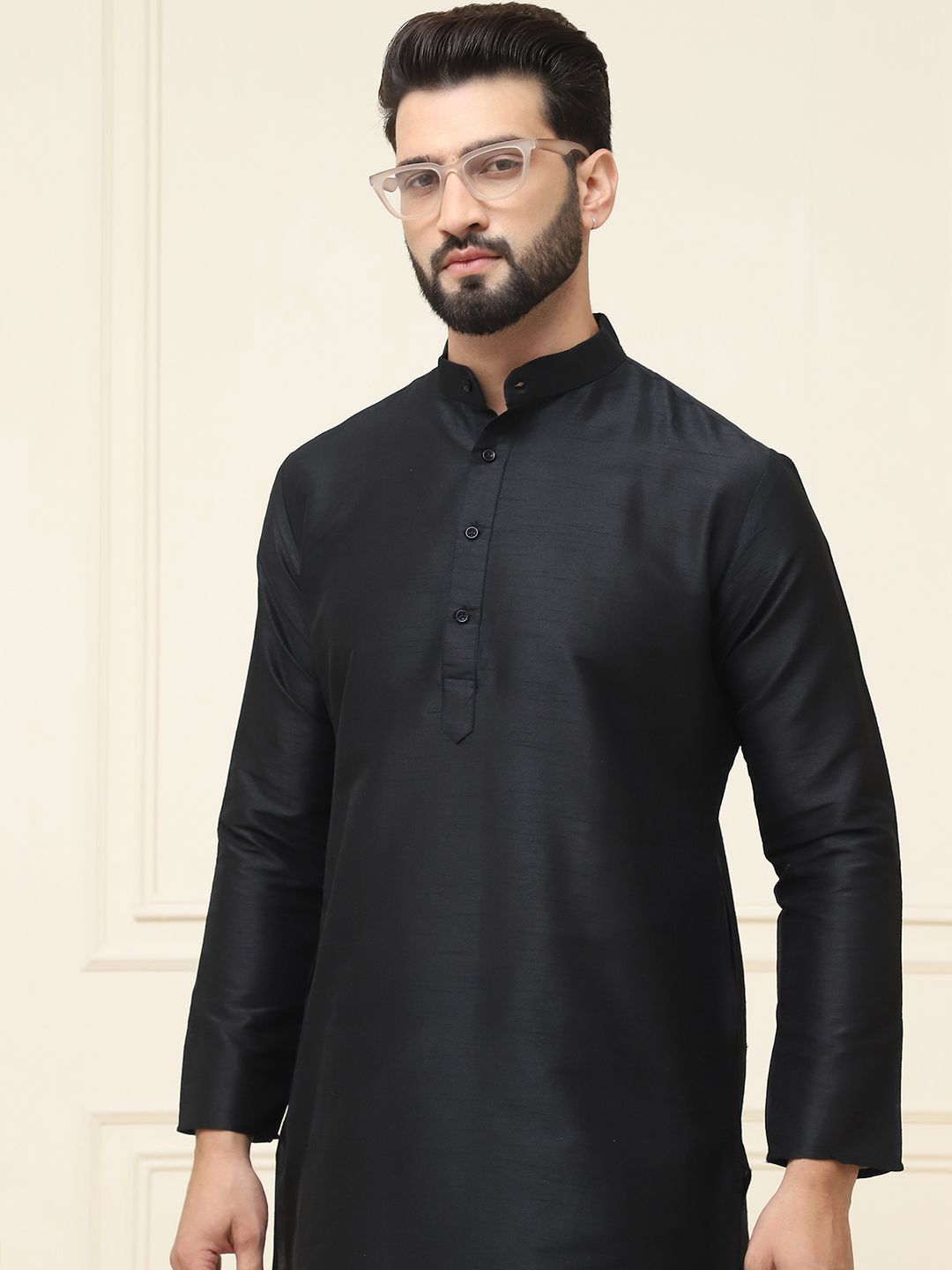 SOJANYA Mandarin Collar Silk Cotton Straight Kurta with Churidar
