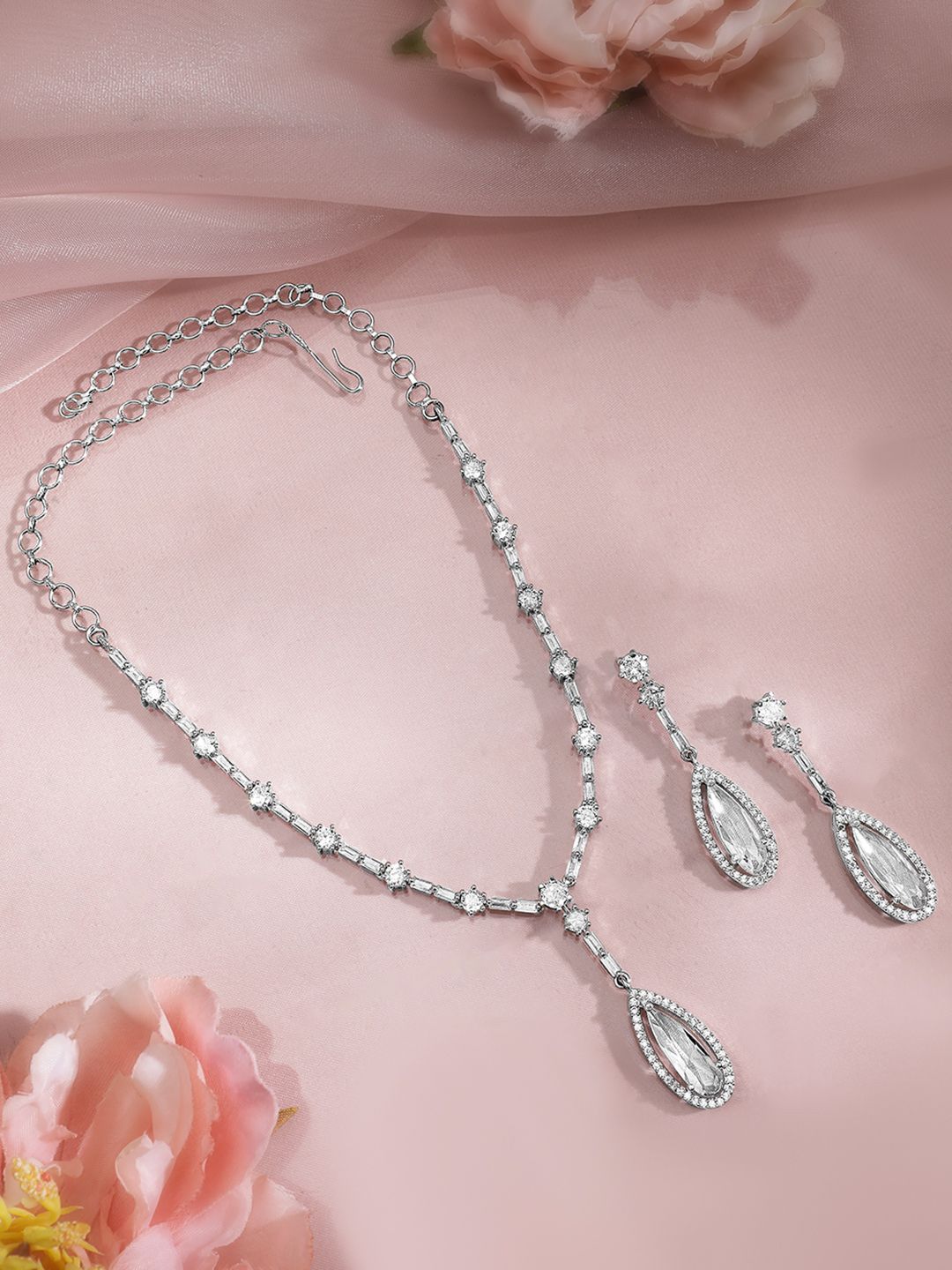 Rubans Rhodium Plated AD & Cubic Zirconia Studded Teardrop Statement Jewellery Set