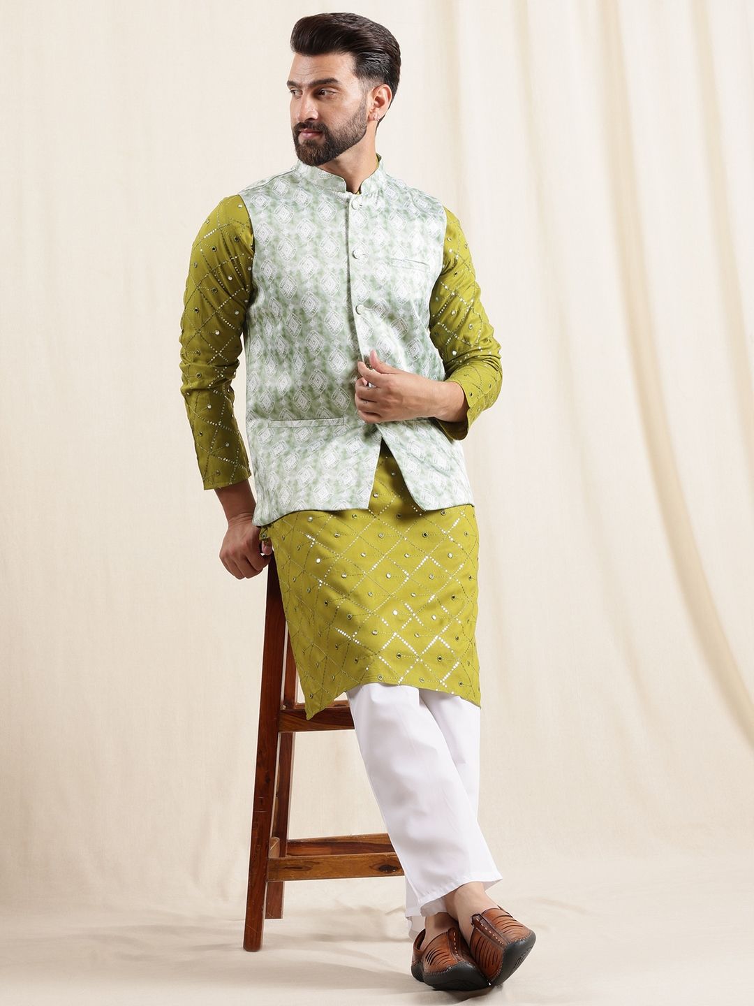 Anouk Men Embellished Regular Pure Cotton Kurta with Pyjamas With Nehru Jacket