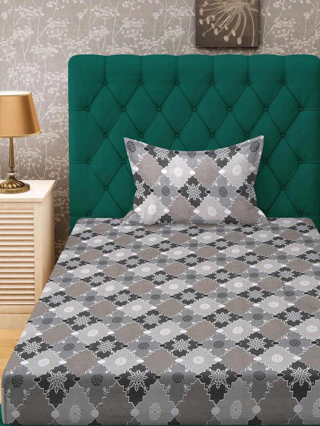 KLOTTHE Grey Geometric Cotton Single Bedsheets