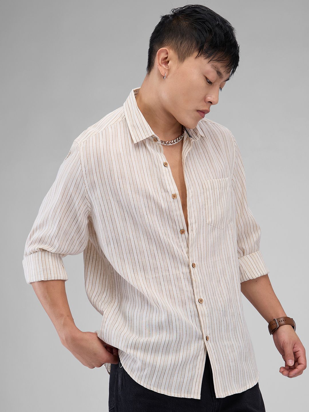 VASTRADO Men Classic Spread Collar Vertical Striped Cotton Slim Fit Casual Shirt