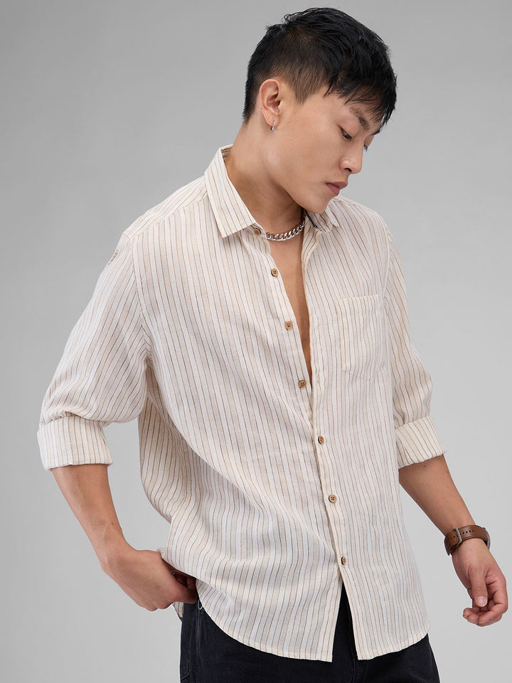 VASTRADO Men Classic Spread Collar Vertical Striped Cotton Slim Fit Casual Shirt