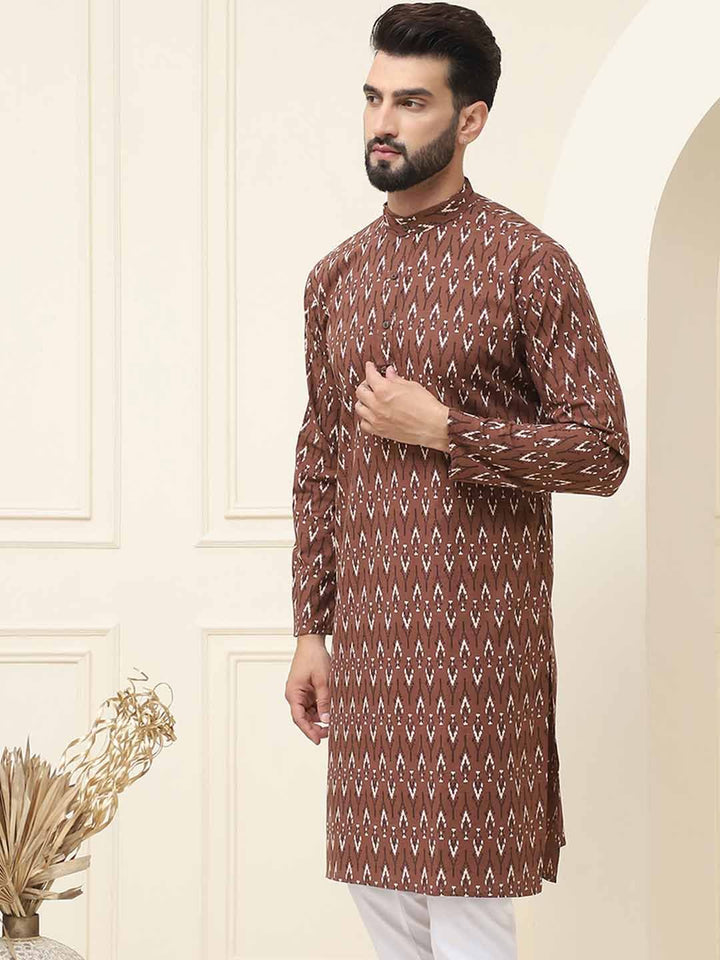 SOJANYA Motif Etnik Bercetak Kolar Jalur Biasa Kapas Tulen Kurta Lurus